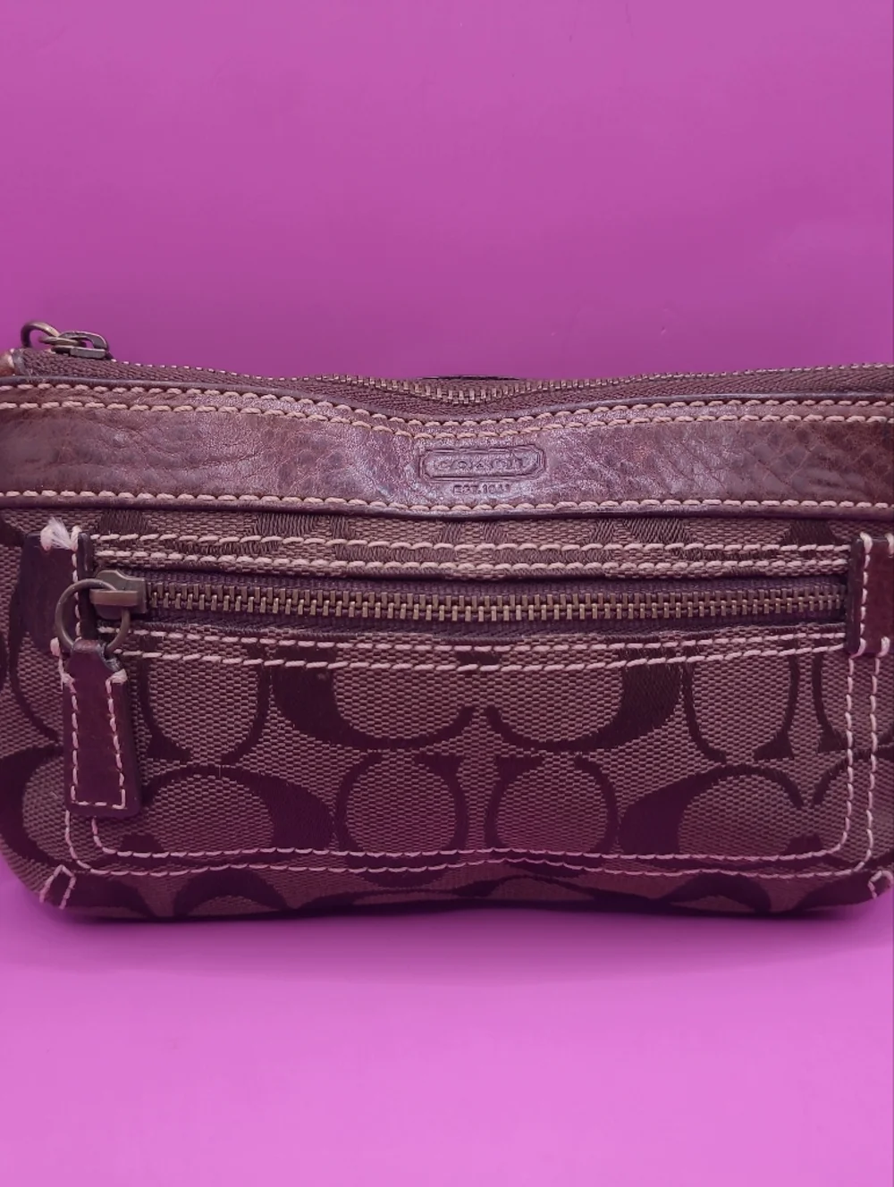 RARE Vintage Coach Soho Signature C Choco Brown Leather Trim Purse Bag Wristlet - Picture 2 of 13